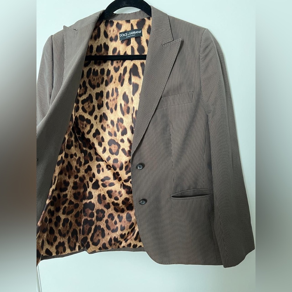 Dolce & Gabbana Women's Brown Striped Luxury
Blazer Jacket Size 46 Leopard Lined - Picture 3 of 8